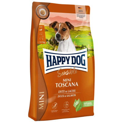 Корм для собак Happy Dog mini Toscana для мелких пород до 10 кг с уткой и лососем, 4кг Корм для собак Happy Dog mini Toscana для мелких пород до 10 кг с уткой и лососем, 4кг